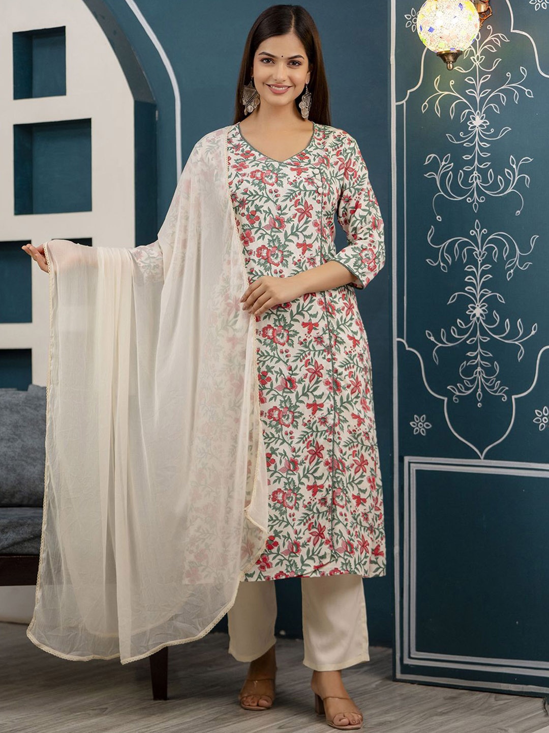 

Veshviti Women Floral Printed Angrakha Thread Work Liva Kurta with Trousers & With Dupatta, Cream
