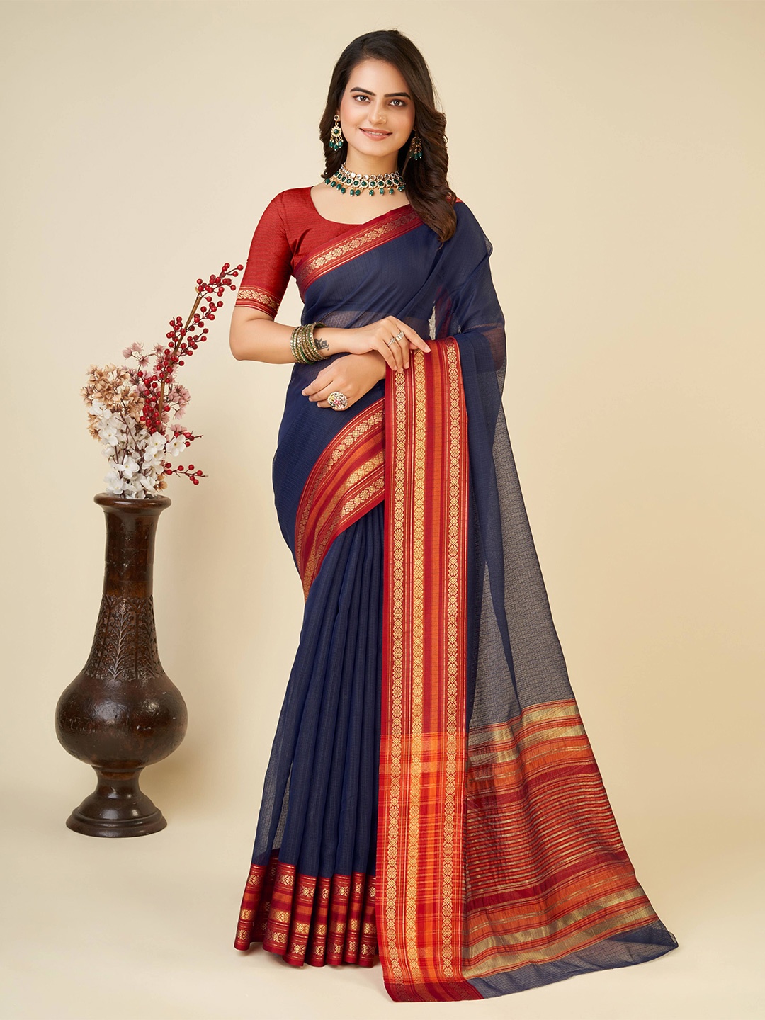 

bansari textiles Checked Woven Design Zari Banarasi Saree, Blue