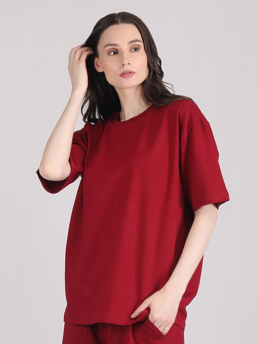 

Raxedo Women Solid Oversized T-shirt, Maroon