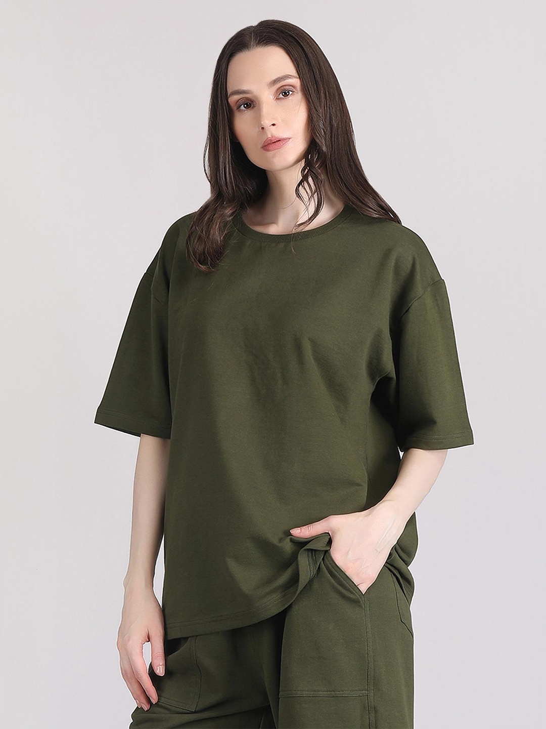 

Raxedo Women Solid Oversized T-shirt, Olive