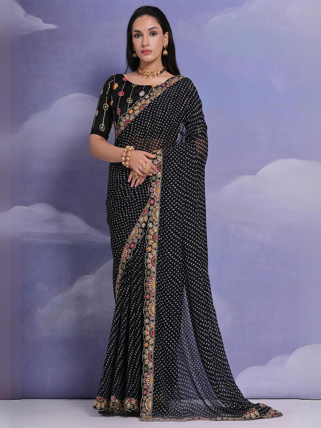 

KALINI Embroidered Printed Pure Georgette Saree, Black