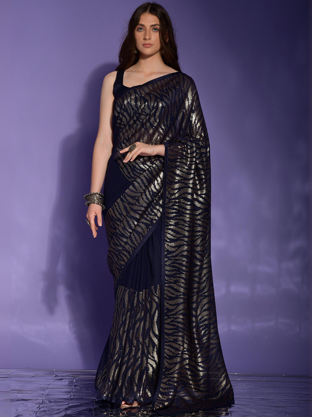 

KALINI Embellished Sequinned Pure Georgette Saree, Blue