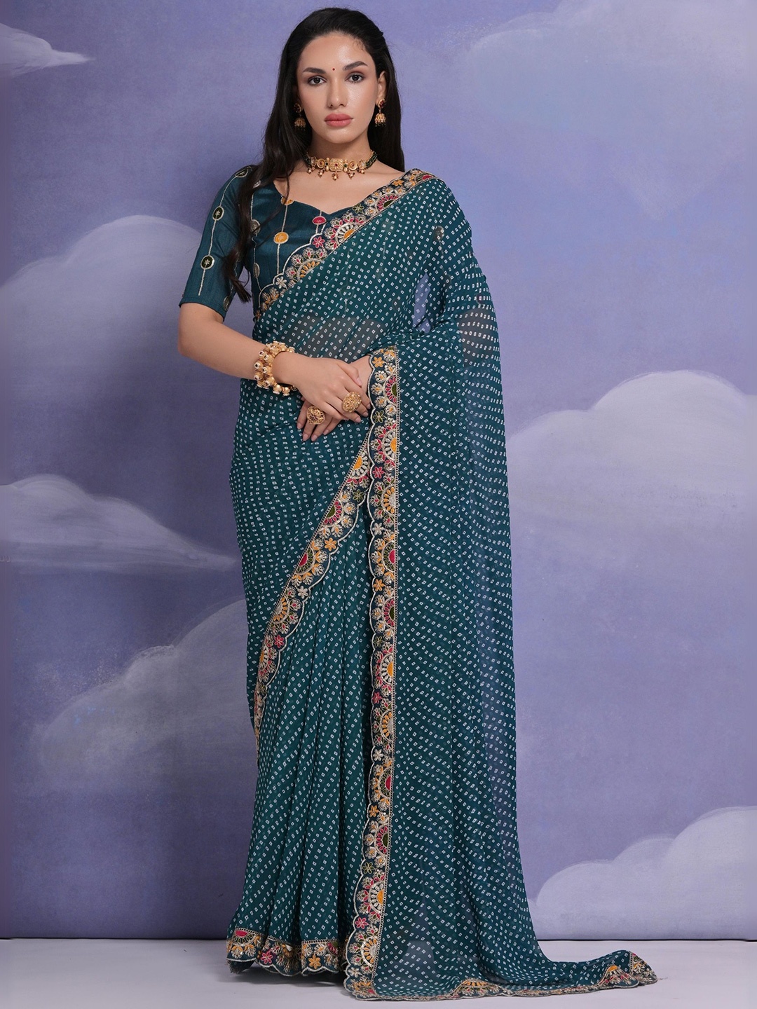 

KALINI Embroidered Pure Georgette Bandhani Saree, Turquoise blue