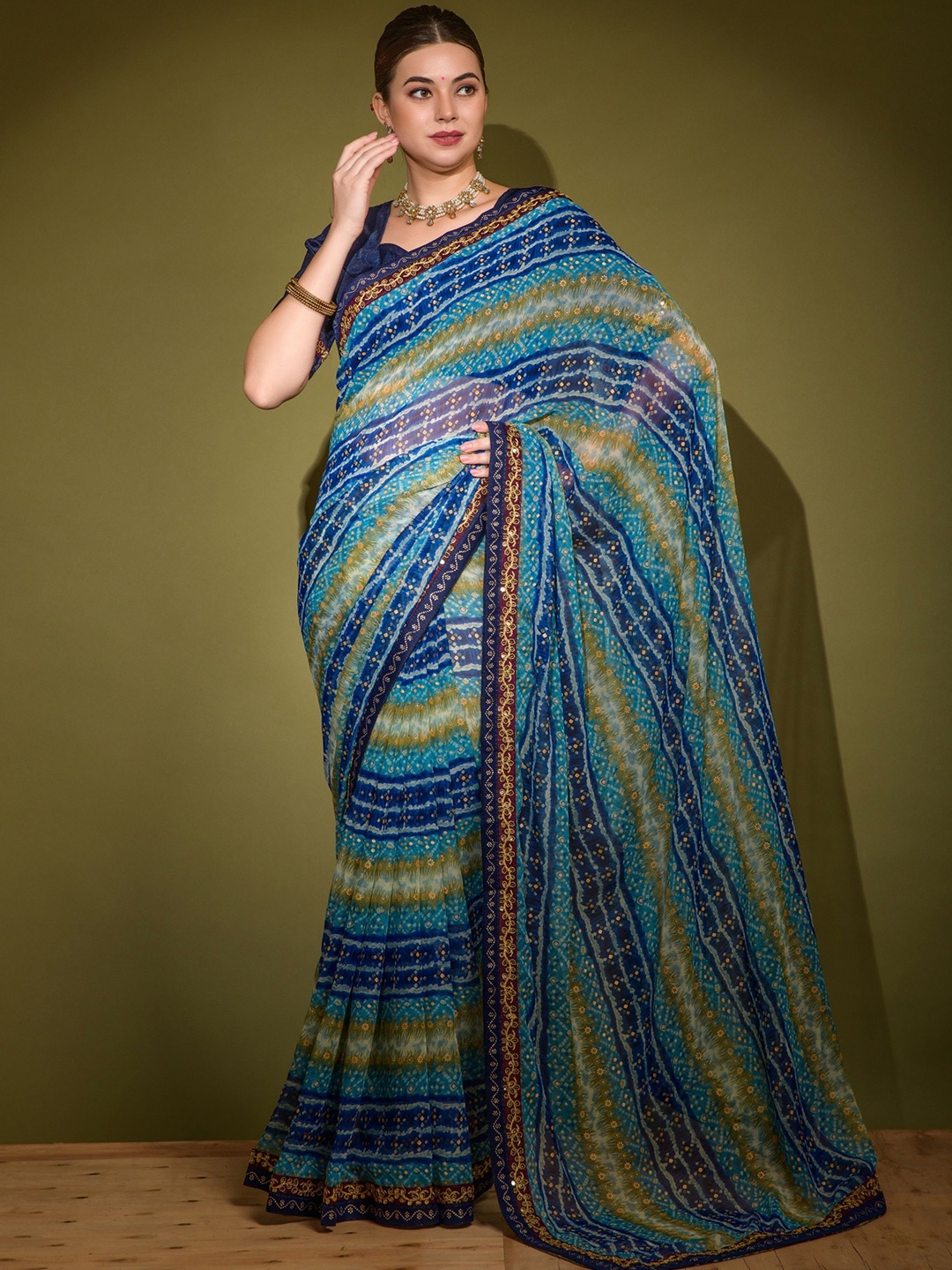 

KALINI Bandhani Printed Embroidered Pure Georgette Saree, Sea green