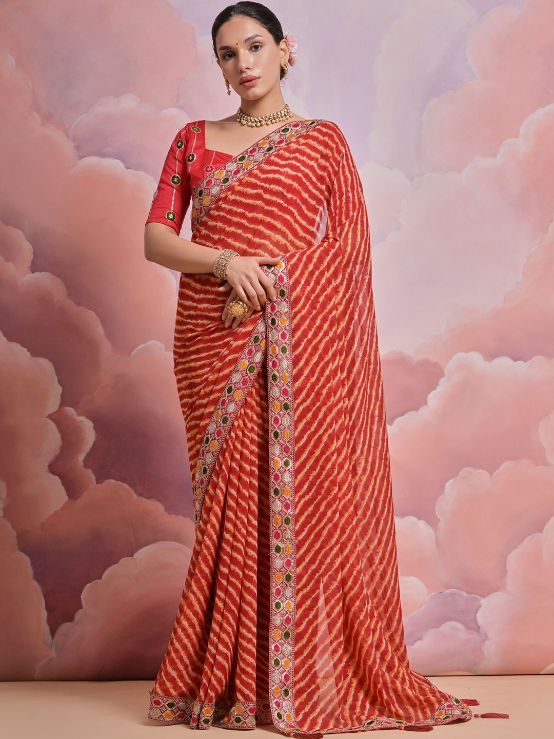 

KALINI Striped Embroidered Pure Georgette Saree, Red