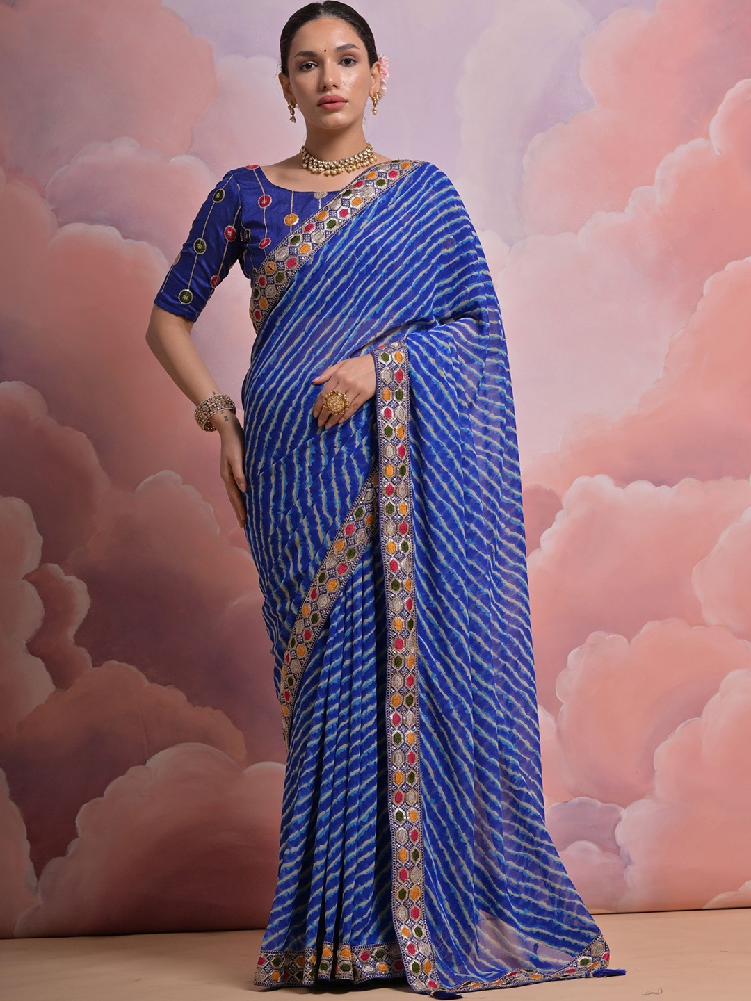 

KALINI Embroidered Leheriya Printed Pure Georgette Saree, Blue