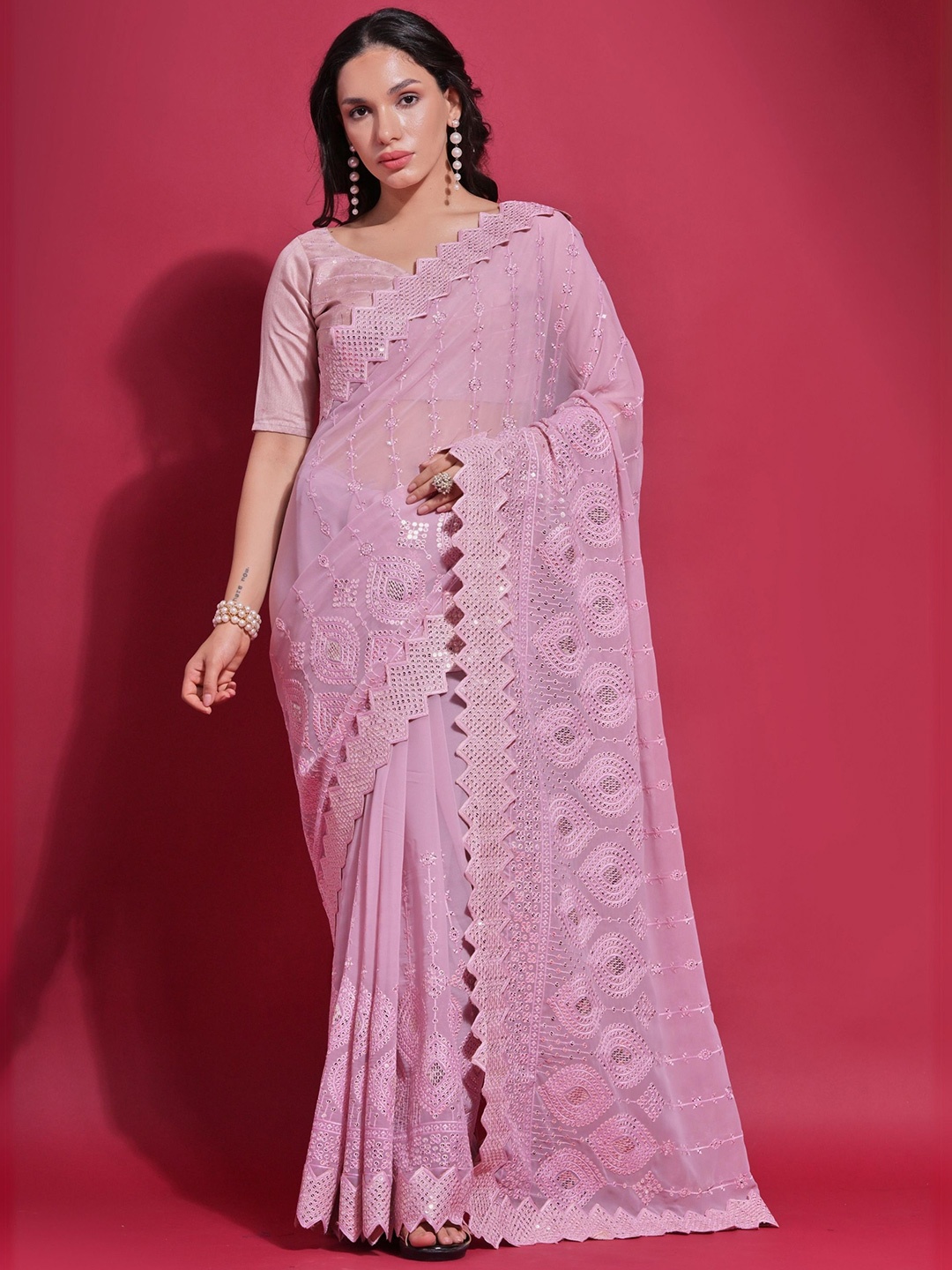 

KALINI Ethnic Motifs Embroidered Sequinned Pure Georgette Saree, Pink
