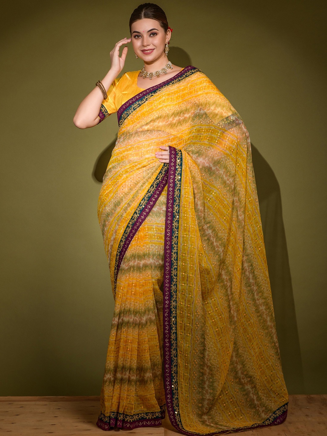 

KALINI Bandhani Printed Embroidered Pure Georgette Saree, Yellow