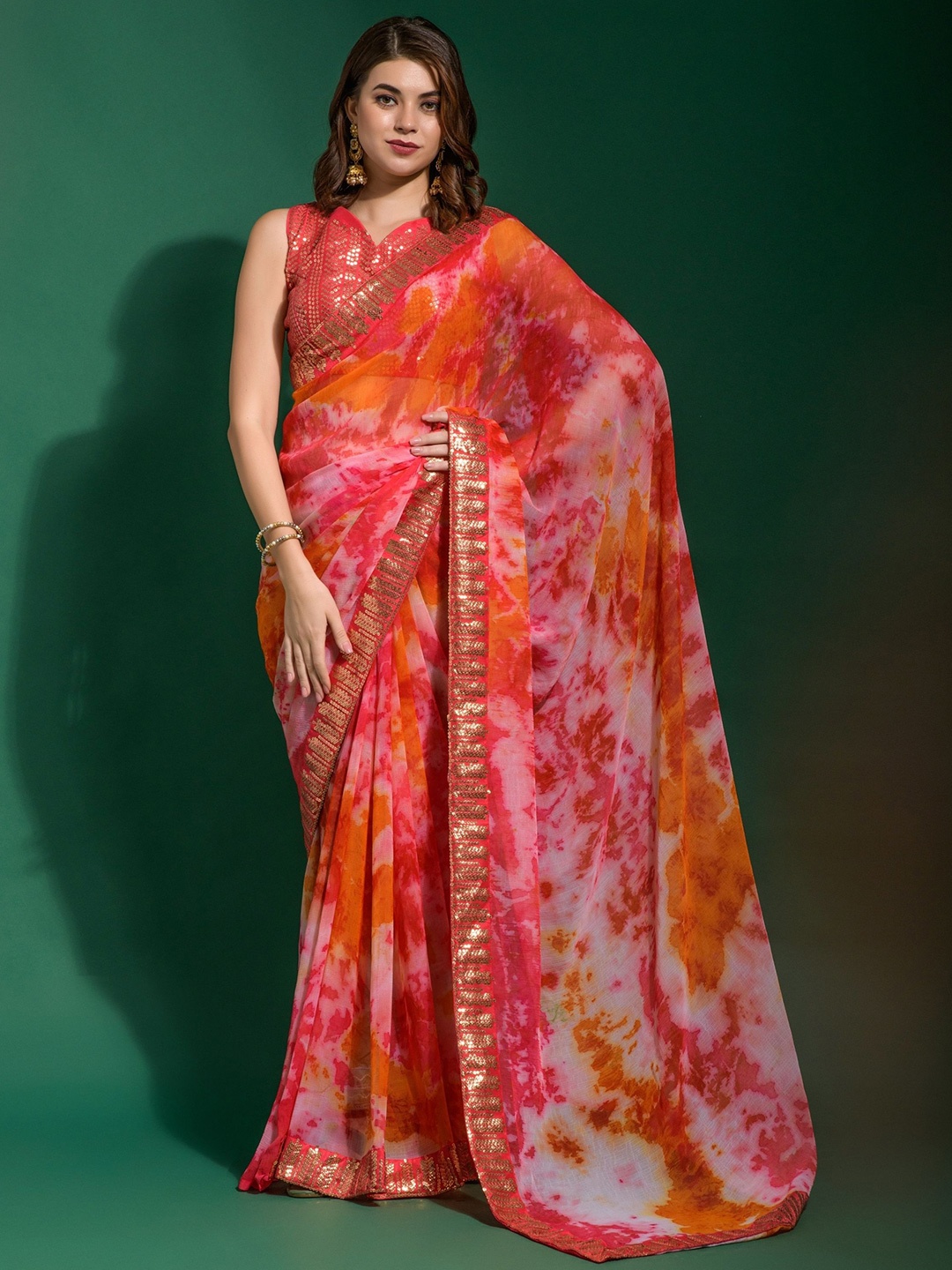 

KALINI Tie and Dye Sequinned Pure Chiffon Saree, Pink