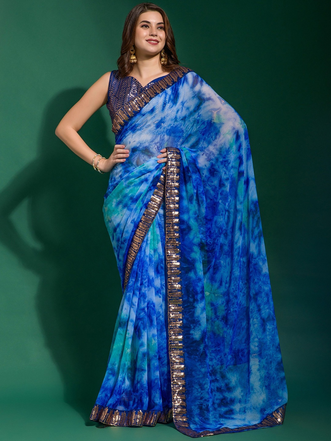 

KALINI Tie and Dye Sequinned Pure Chiffon Saree, Blue