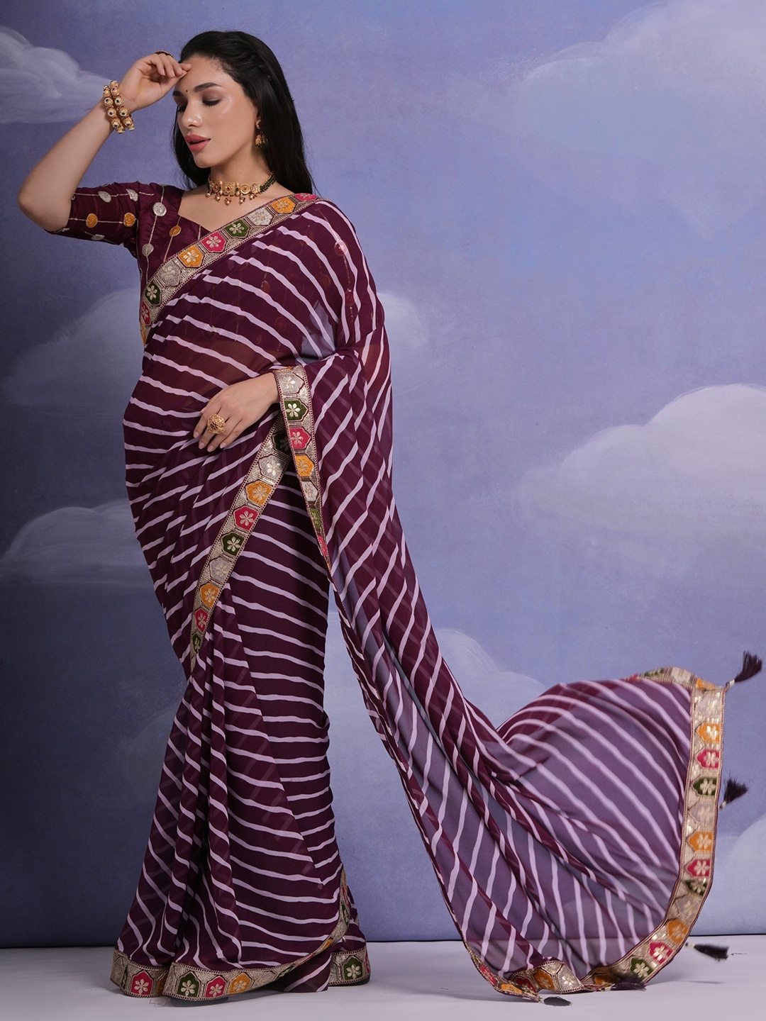 

KALINI Striped Embroidered Pure Georgette Saree, Purple