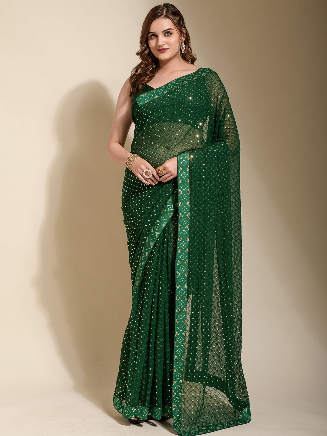 

KALINI Sequinned Pure Georgette Designer Saree, Green