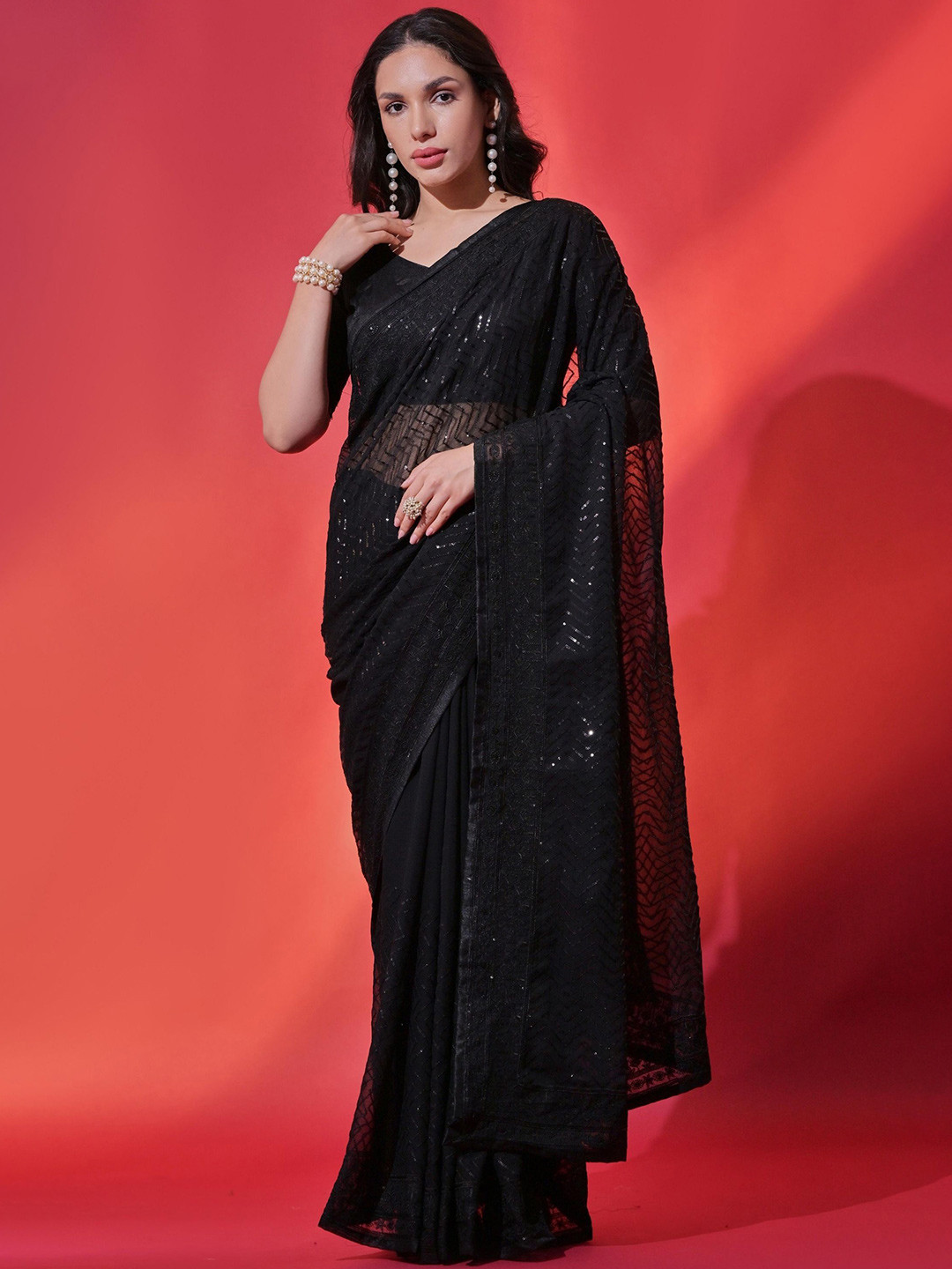 

KALINI Embellished Sequinned Pure Georgette Saree, Black