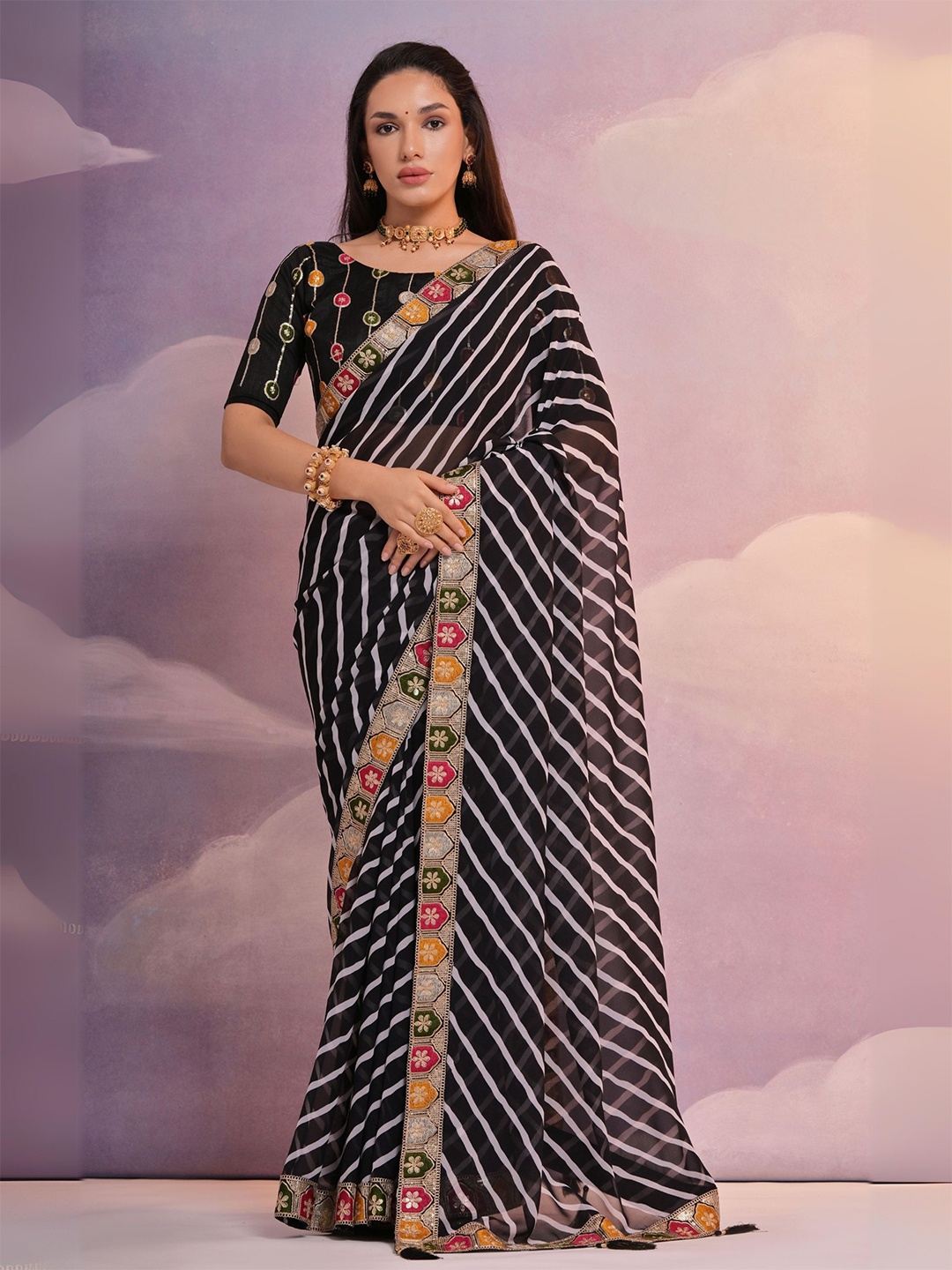 

KALINI Embroidered Pure Georgette Leheriya Saree, Black