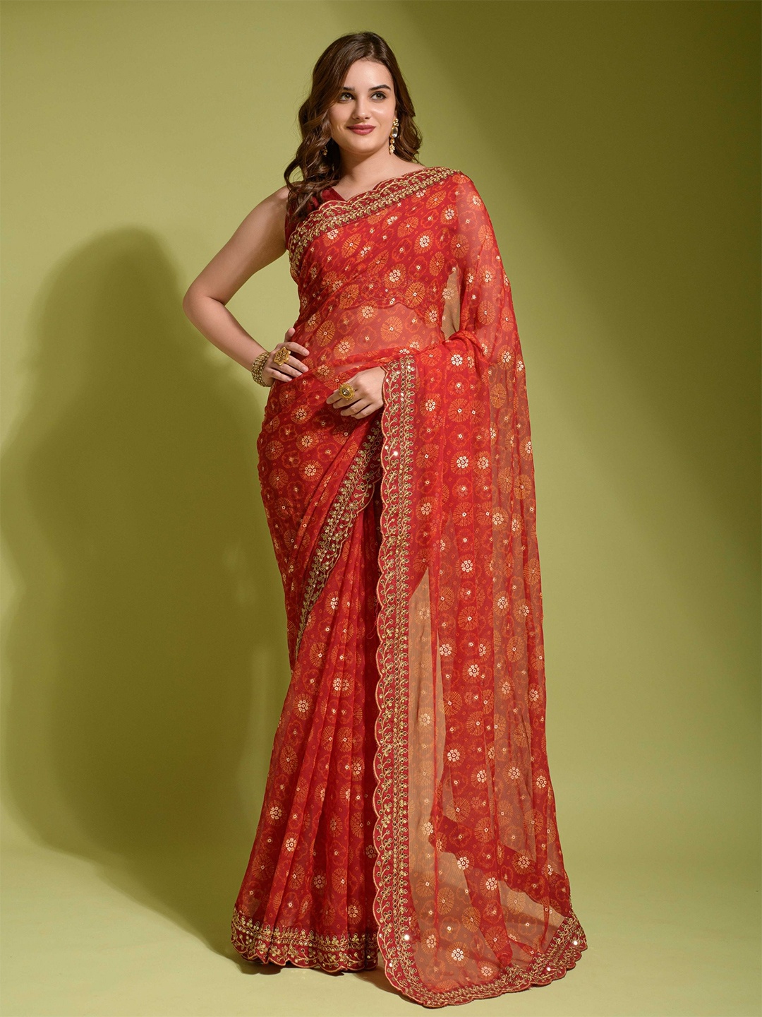 

KALINI Bandhani Sequinned Pure Georgette Saree, Red