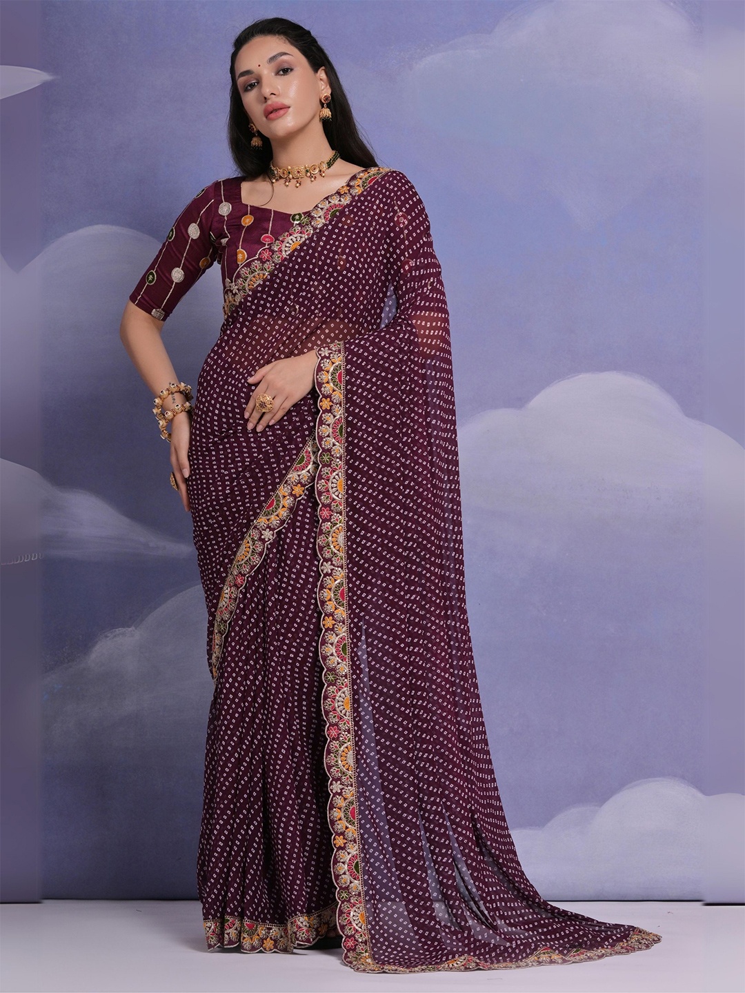 

KALINI Bandhani Print Embroidered Pure Georgette Saree, Purple