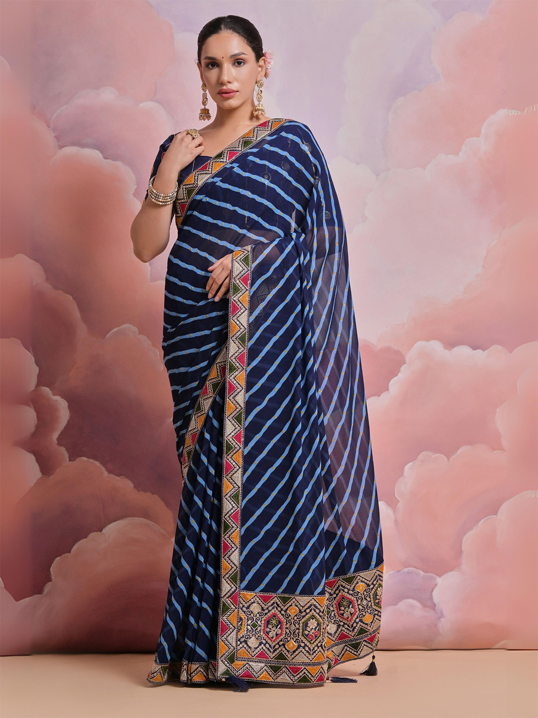 

KALINI Embroidered Pure Georgette Leheriya Saree, Navy blue