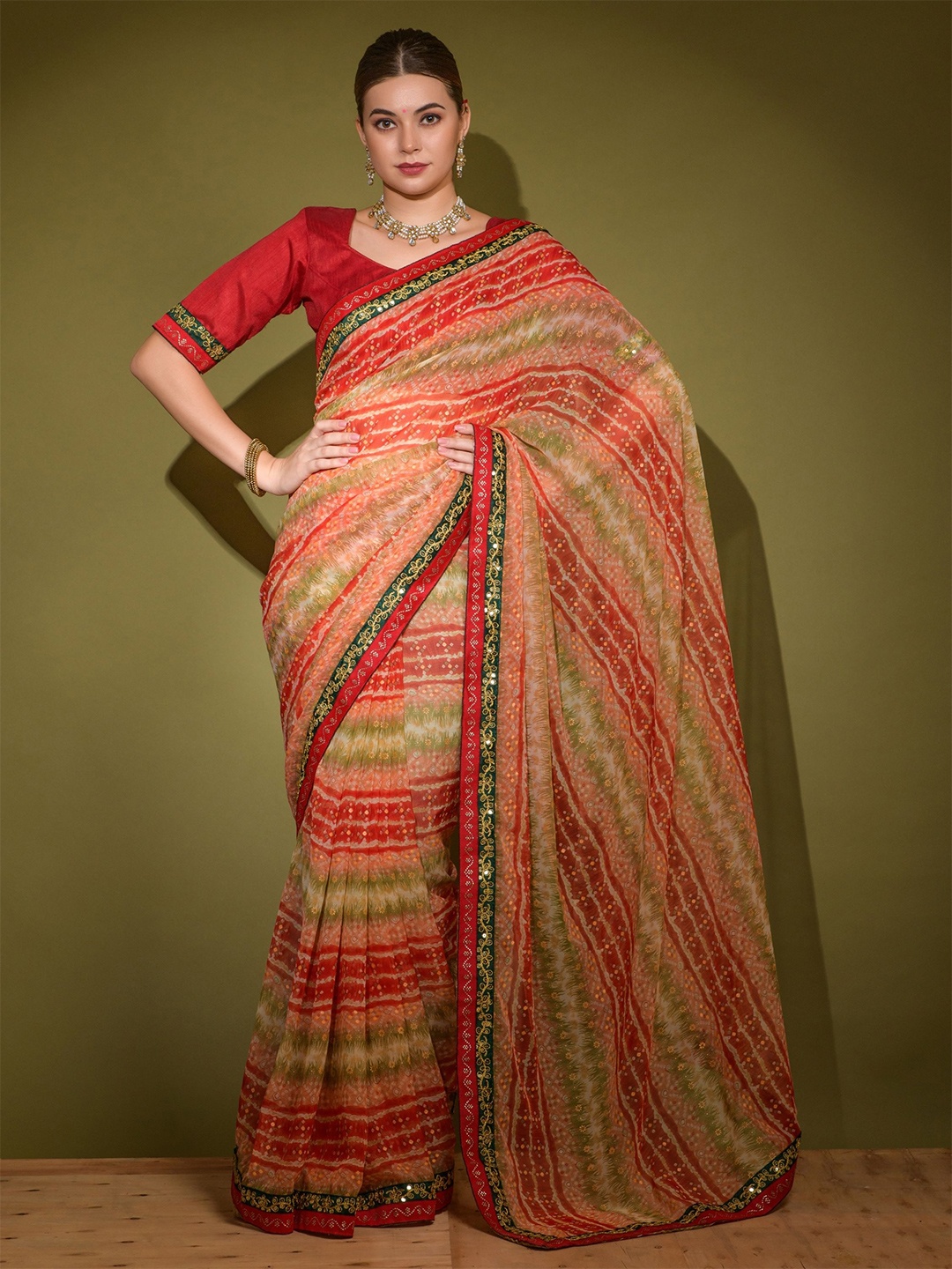 

KALINI Bandhani Sequinned Pure Georgette Saree, Red