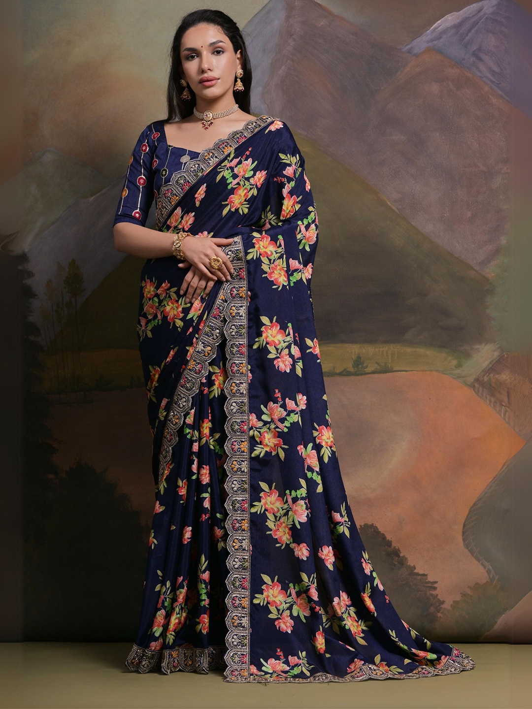 

KALINI Floral Sequinned Saree, Blue