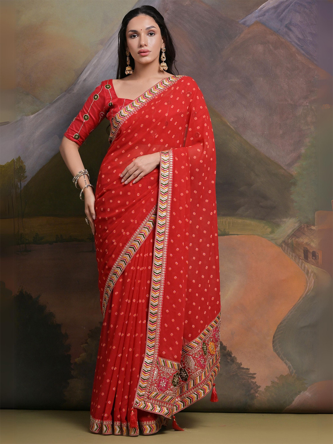 

KALINI Bandhani Printed Embroidered Pure Georgette Saree, Red