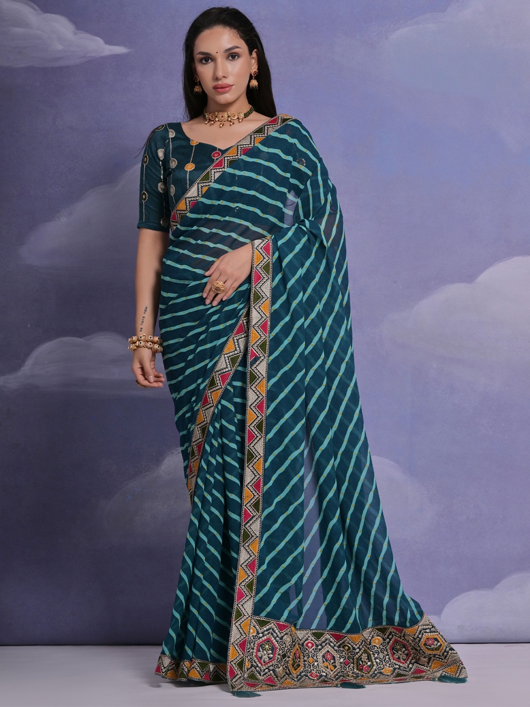 

KALINI Embroidered Pure Georgette Leheriya Saree, Teal