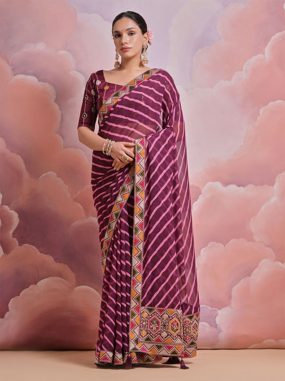 

KALINI Leheriya Embroidered Pure Georgette Saree, Purple