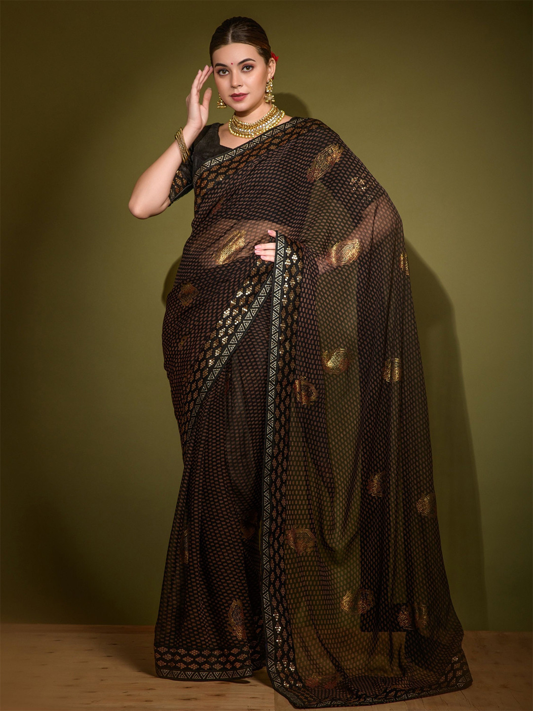 

KALINI Embroidery Sequinned Pure Georgette Saree, Black