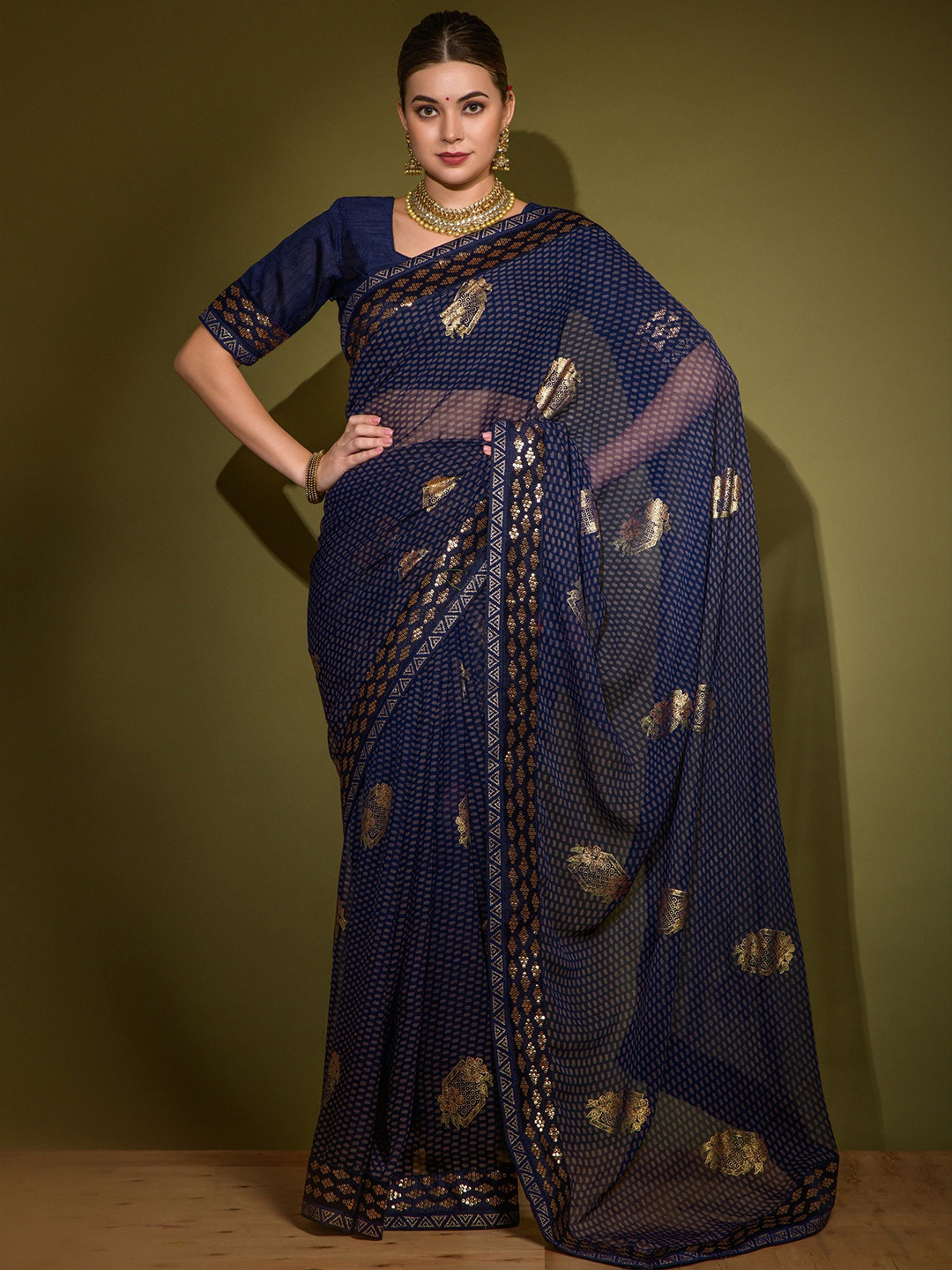 

KALINI Ethnic Motifs Sequence Embroidery Saree, Blue