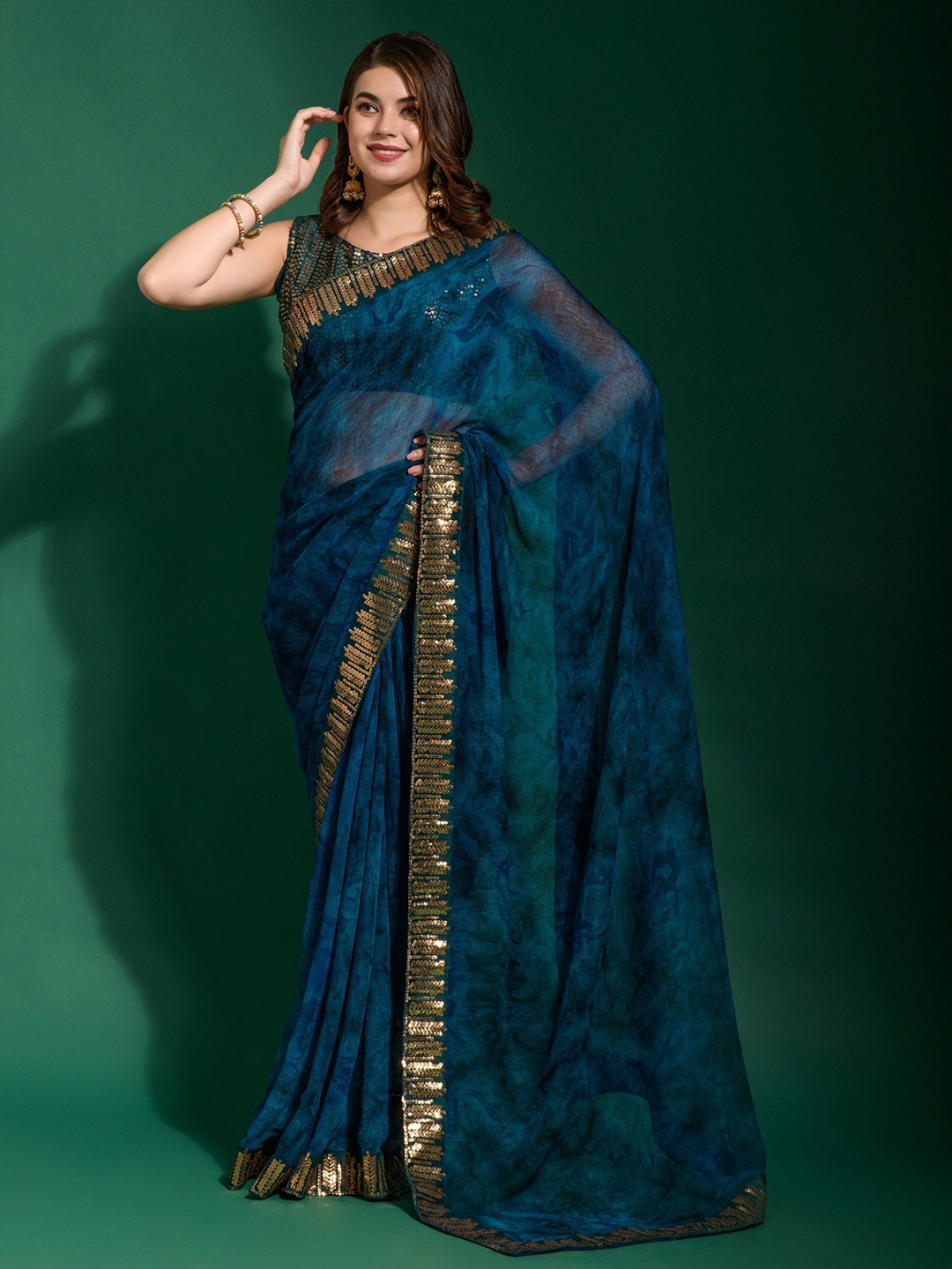 

KALINI Tie and Dye Embroidered Pure Chiffon Saree, Turquoise blue