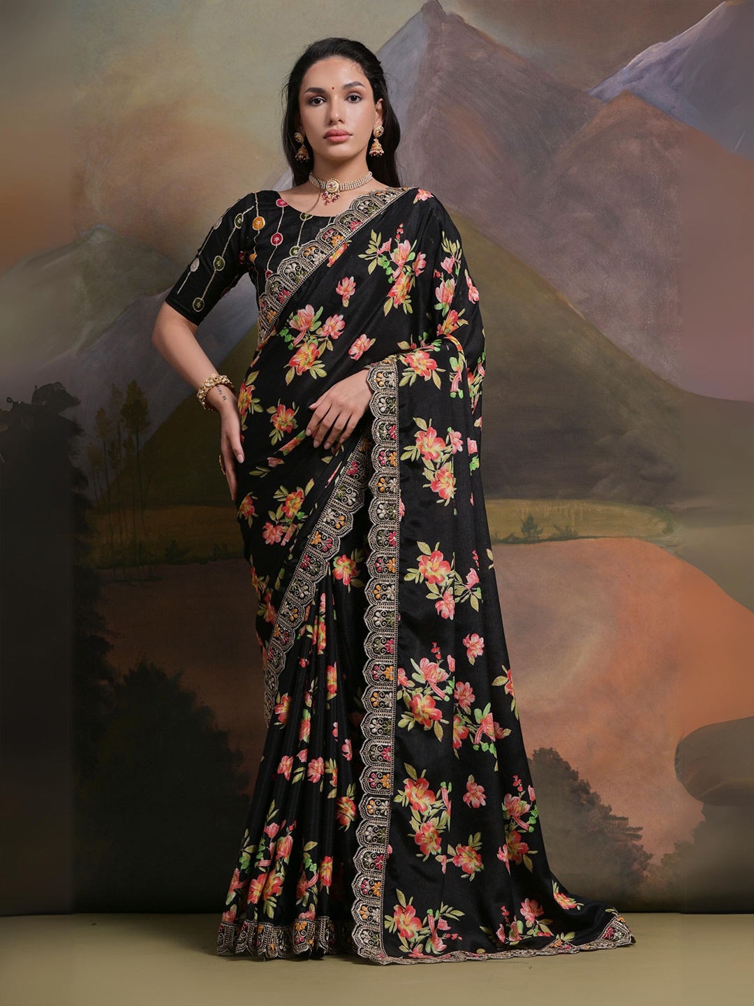 

KALINI Floral Sequinned Saree With Blouse Piece, Black