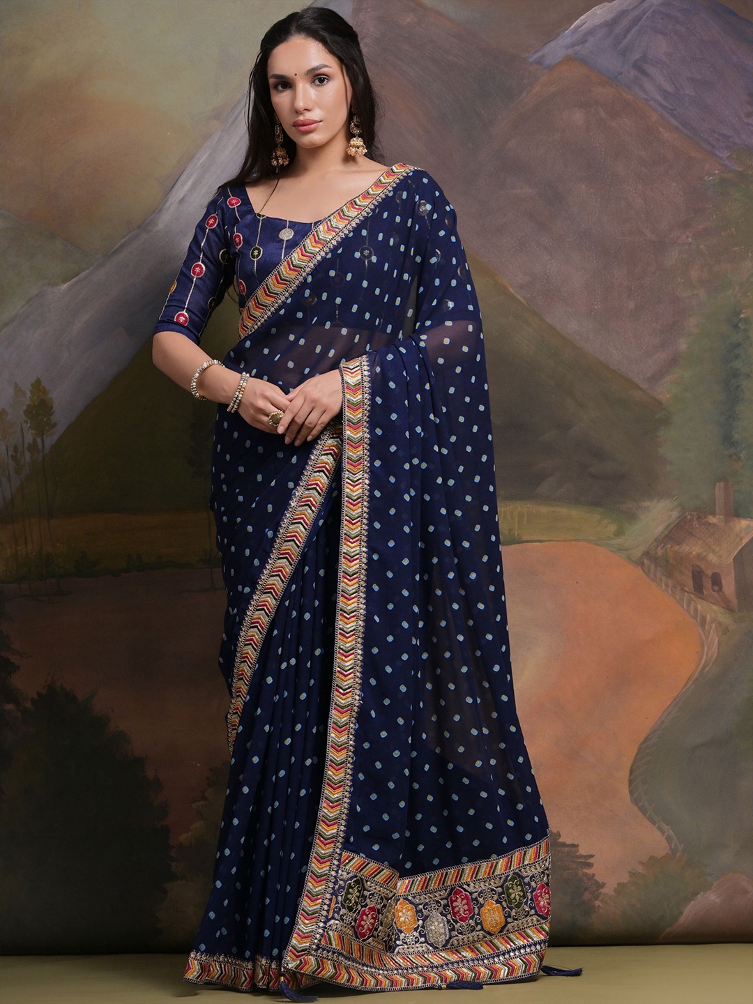 

KALINI Bandhani Embroidered Pure Georgette Saree, Blue