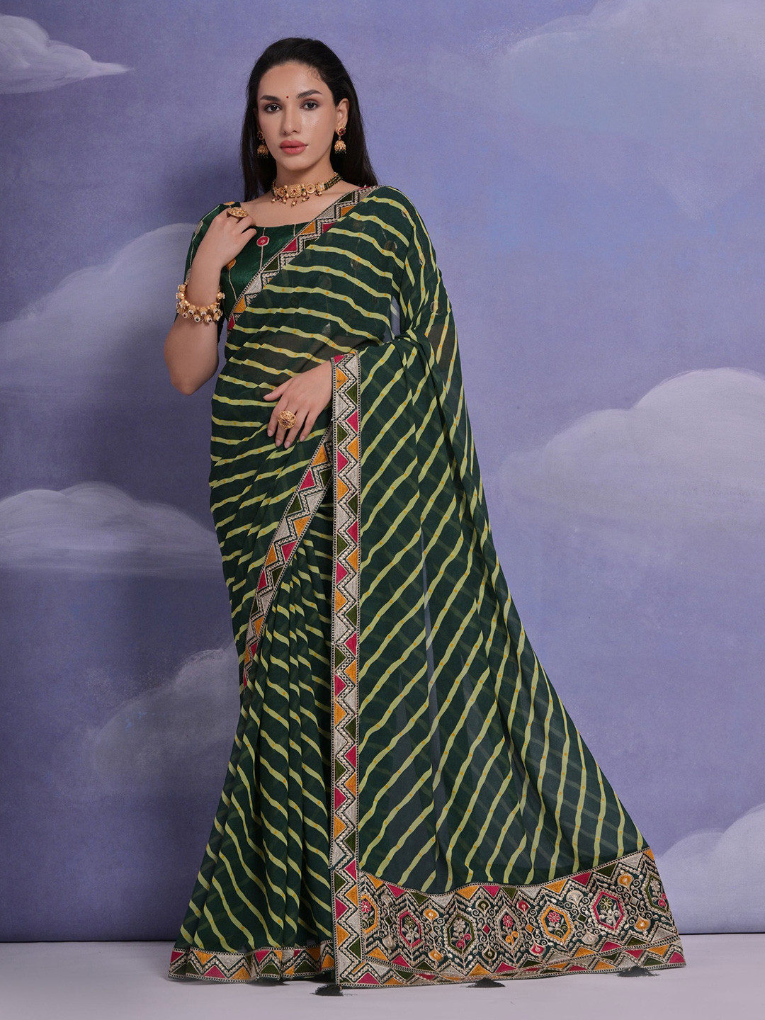 

KALINI Leheriya Embroidered Pure Georgette Saree, Green