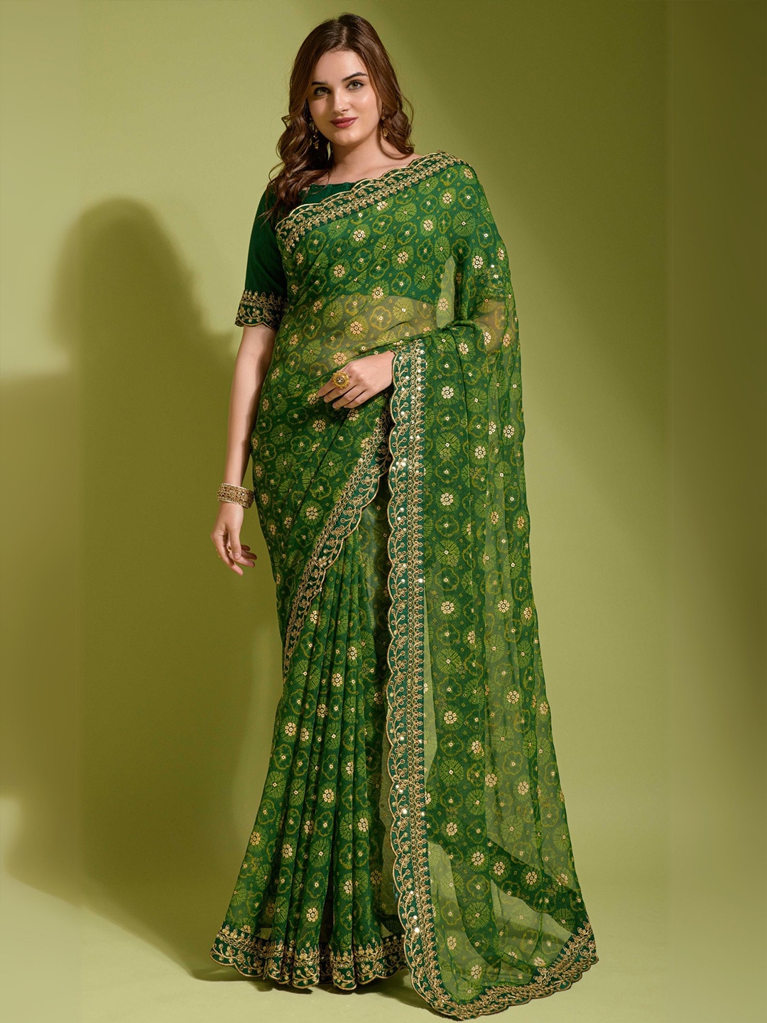 

KALINI Floral Embroidered Pure Georgette Saree, Green