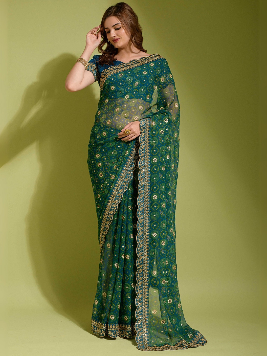 

KALINI Embroidered Floral Pure Georgette Saree, Teal
