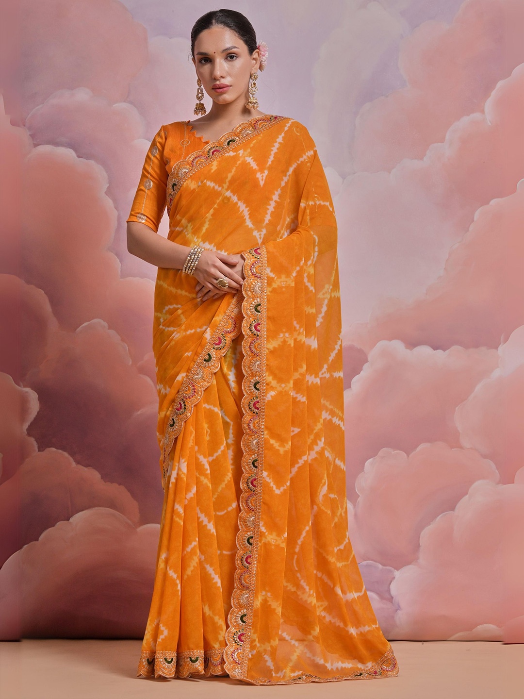 

KALINI Tie and Dye Sequinned Pure Georgette Saree, Yellow