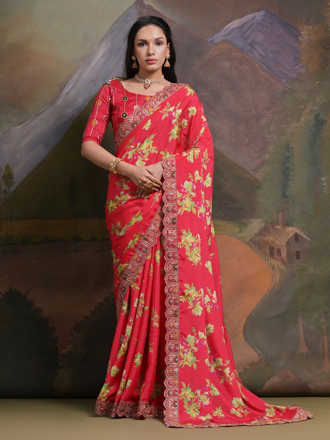 

KALINI Floral Print Embroidery Sequinned Saree, Red