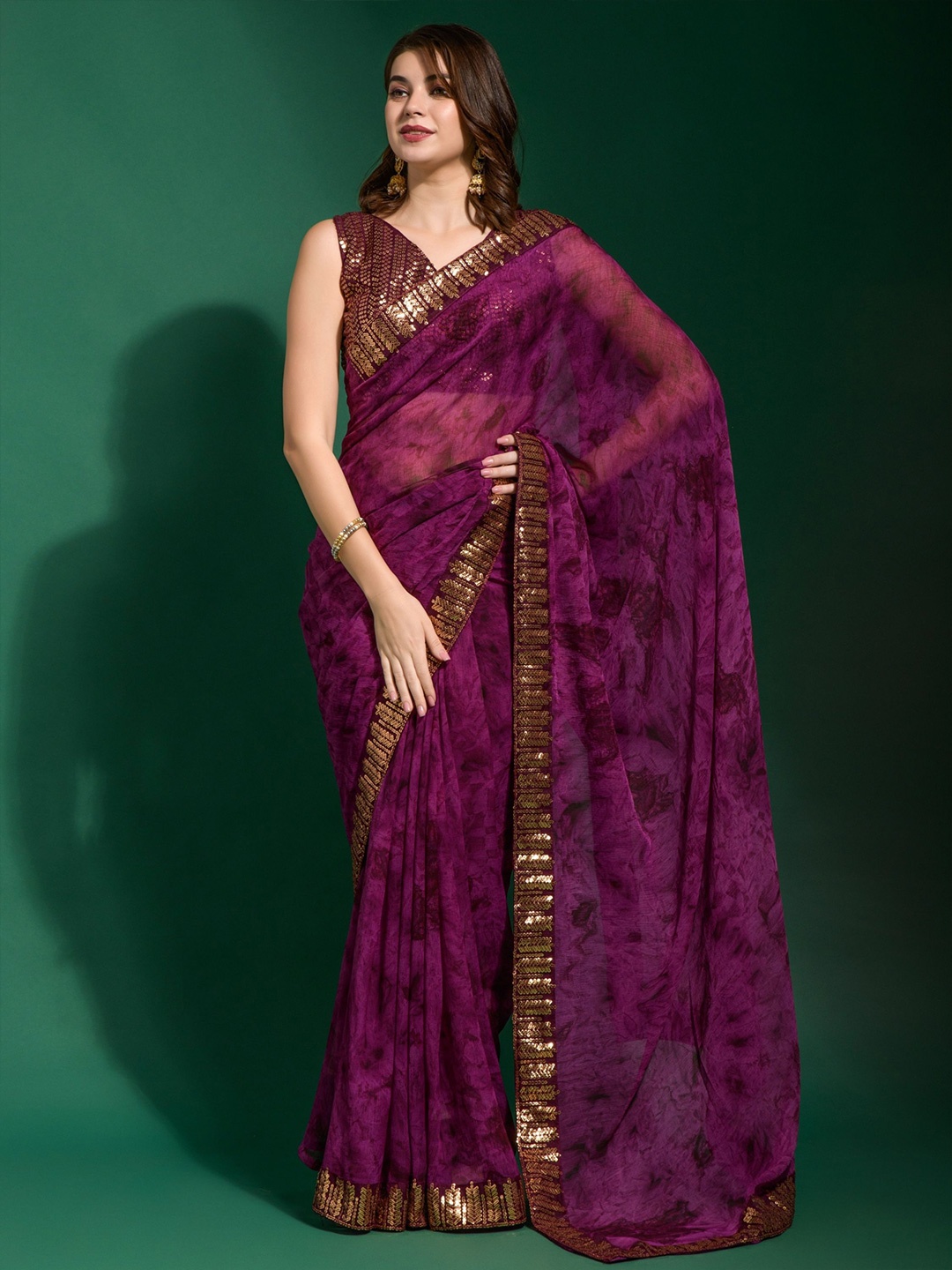 

KALINI Sequinned Pure Chiffon Saree, Purple
