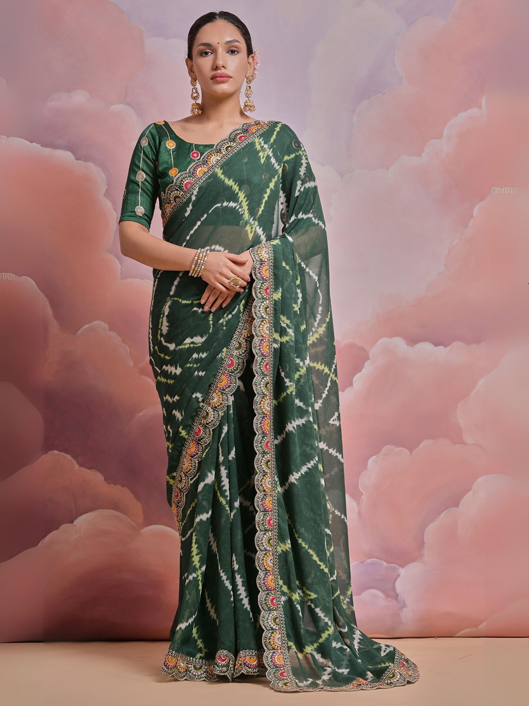 

KALINI Tie and Dye Embroidered Pure Georgette Saree, Green