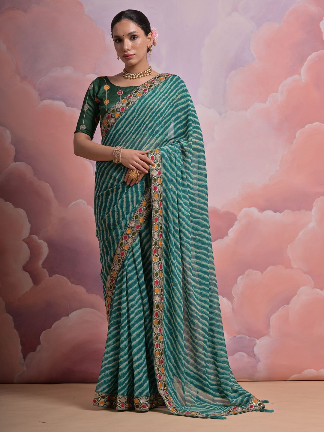 

KALINI Embroidered Pure Georgette Leheriya Saree, Green