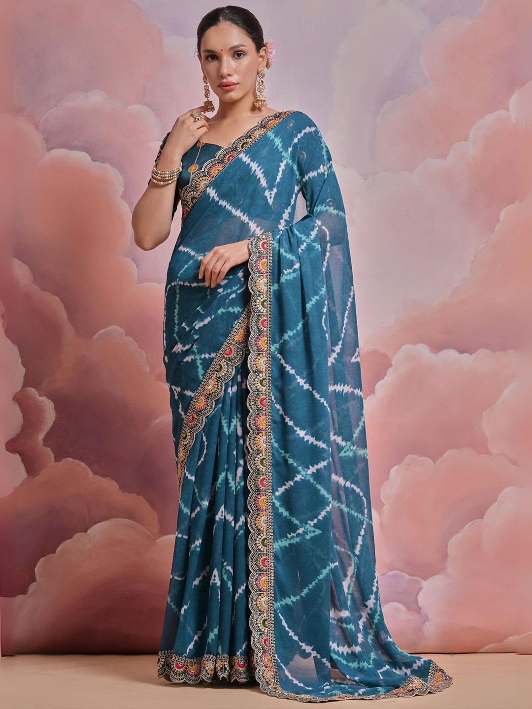 

KALINI Tie and Dye Printed Embroidered Pure Georgette Saree, Teal