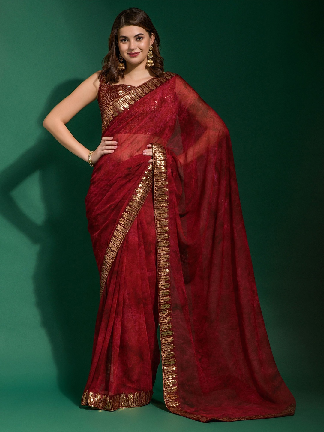 

KALINI Sequinned Pure Chiffon Saree, Maroon