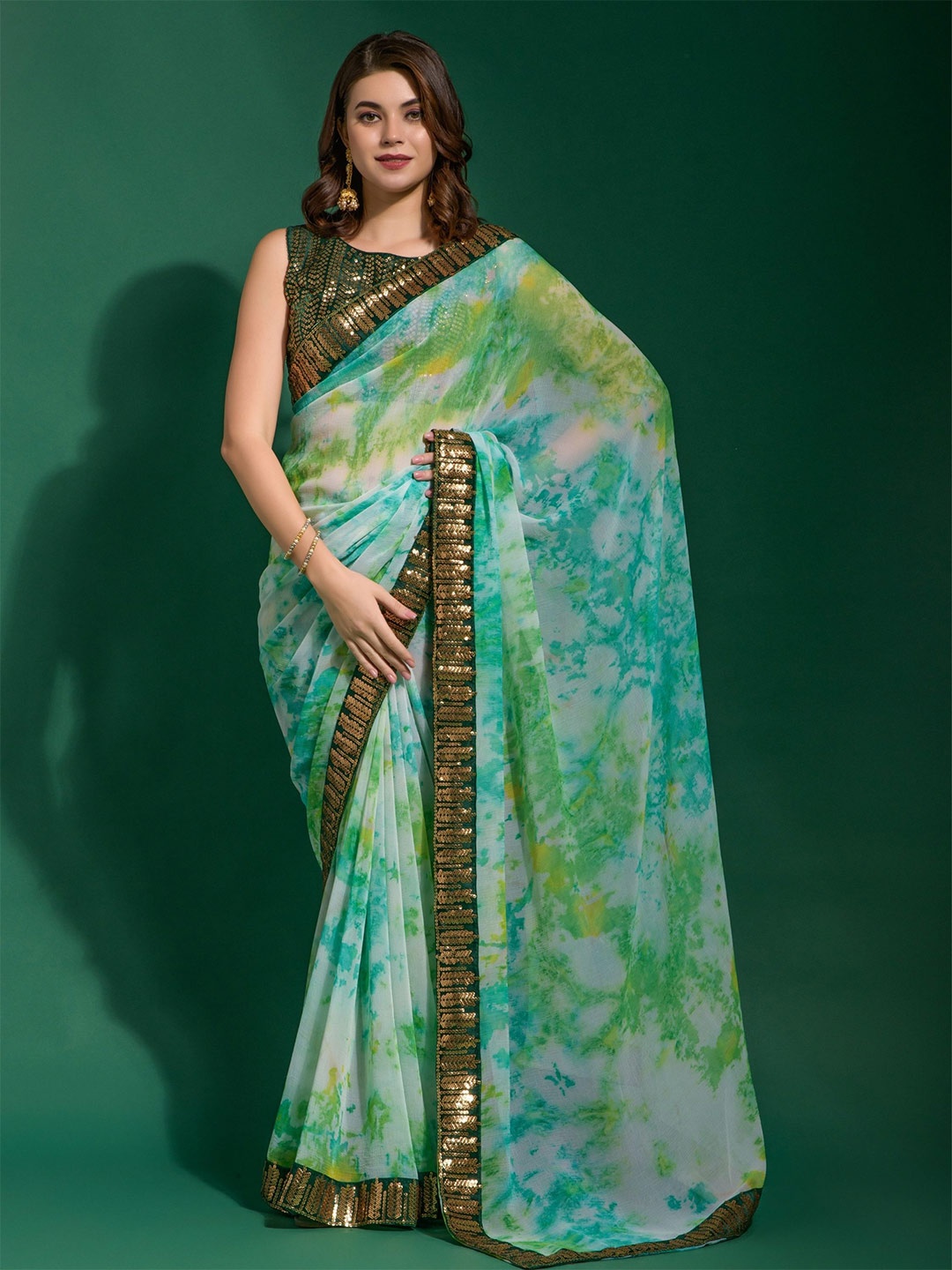 

KALINI Sequinned Pure Chiffon Saree, Green