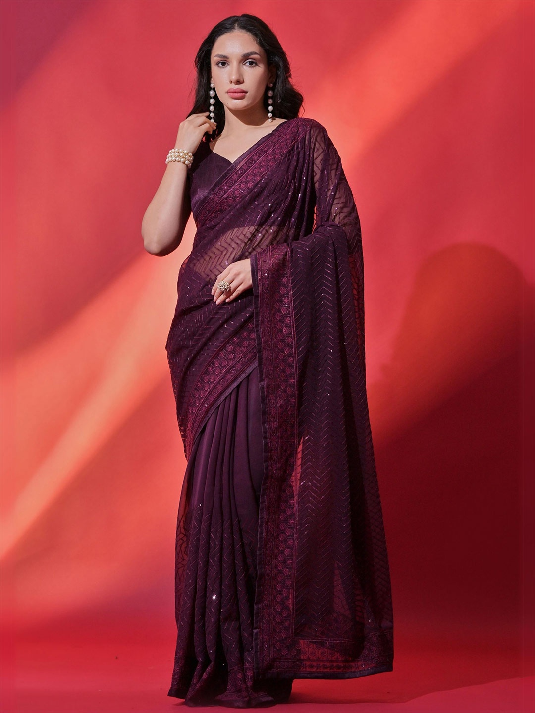 

KALINI Sequinned Pure Georgette Saree, Purple