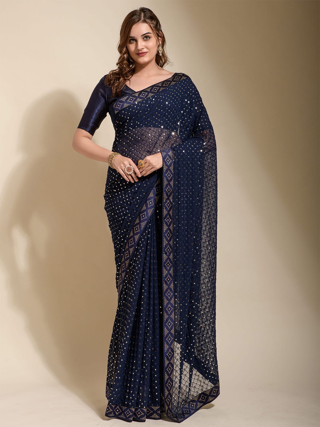 

KALINI Sequinned Pure Georgette Saree, Blue