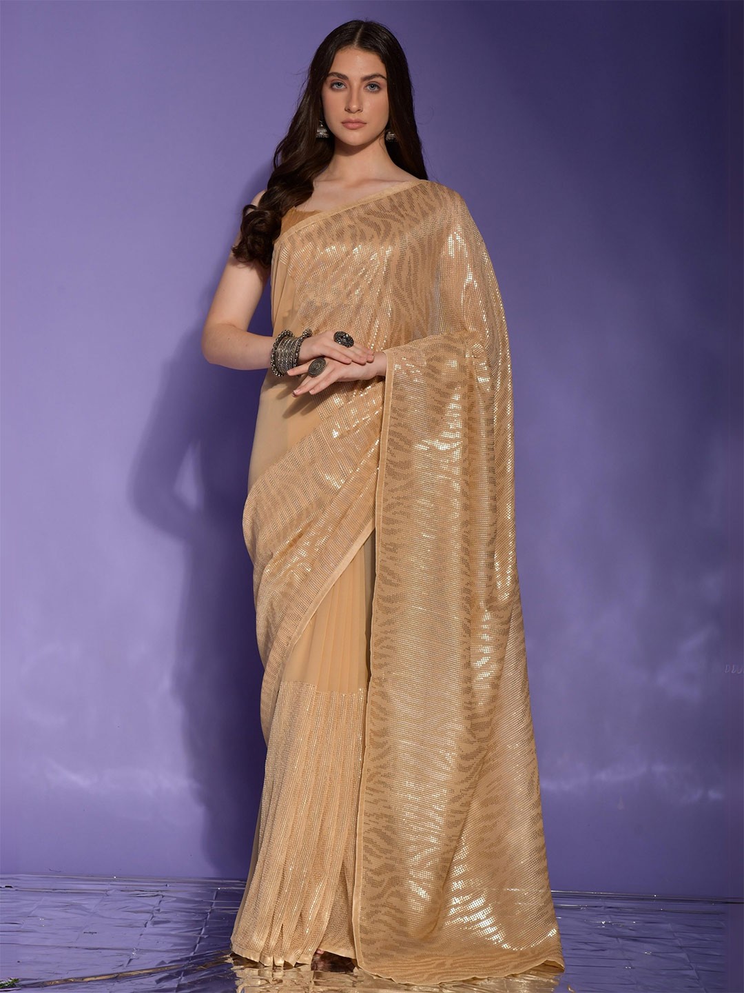 

KALINI Embellished Sequinned Pure Georgette Saree, Cream