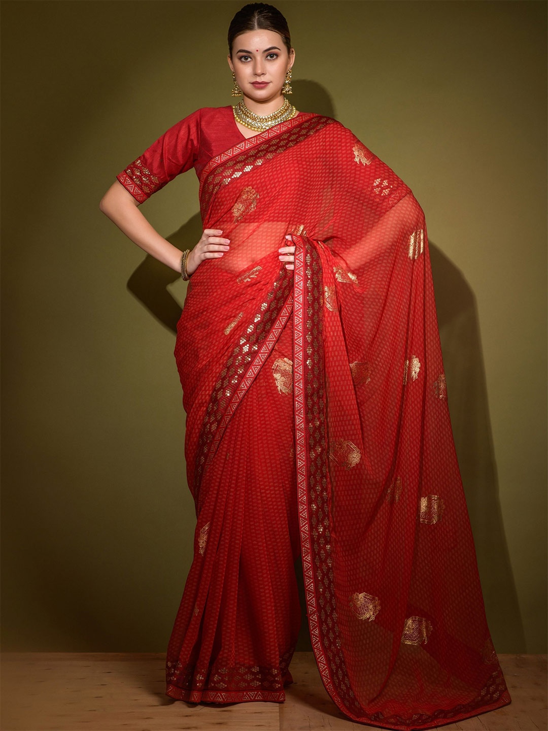 

KALINI Embellished Sequinned Pure Georgette Saree, Red
