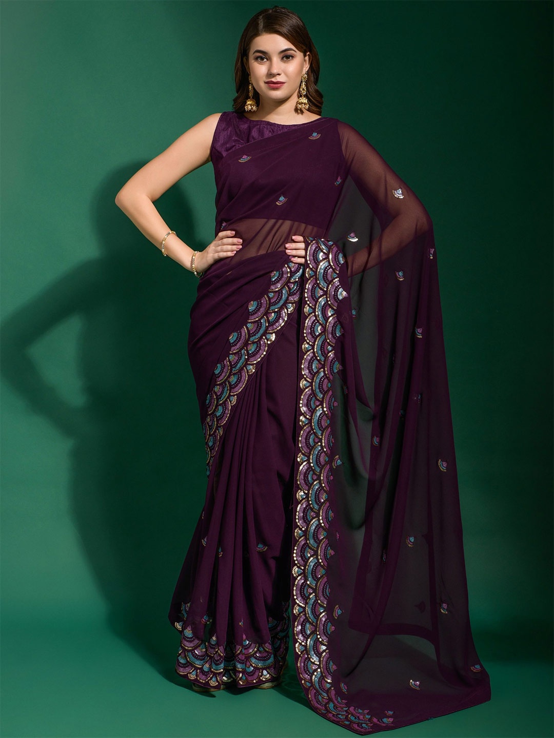 

KALINI Embellished Sequinned Pure Georgette Saree, Purple