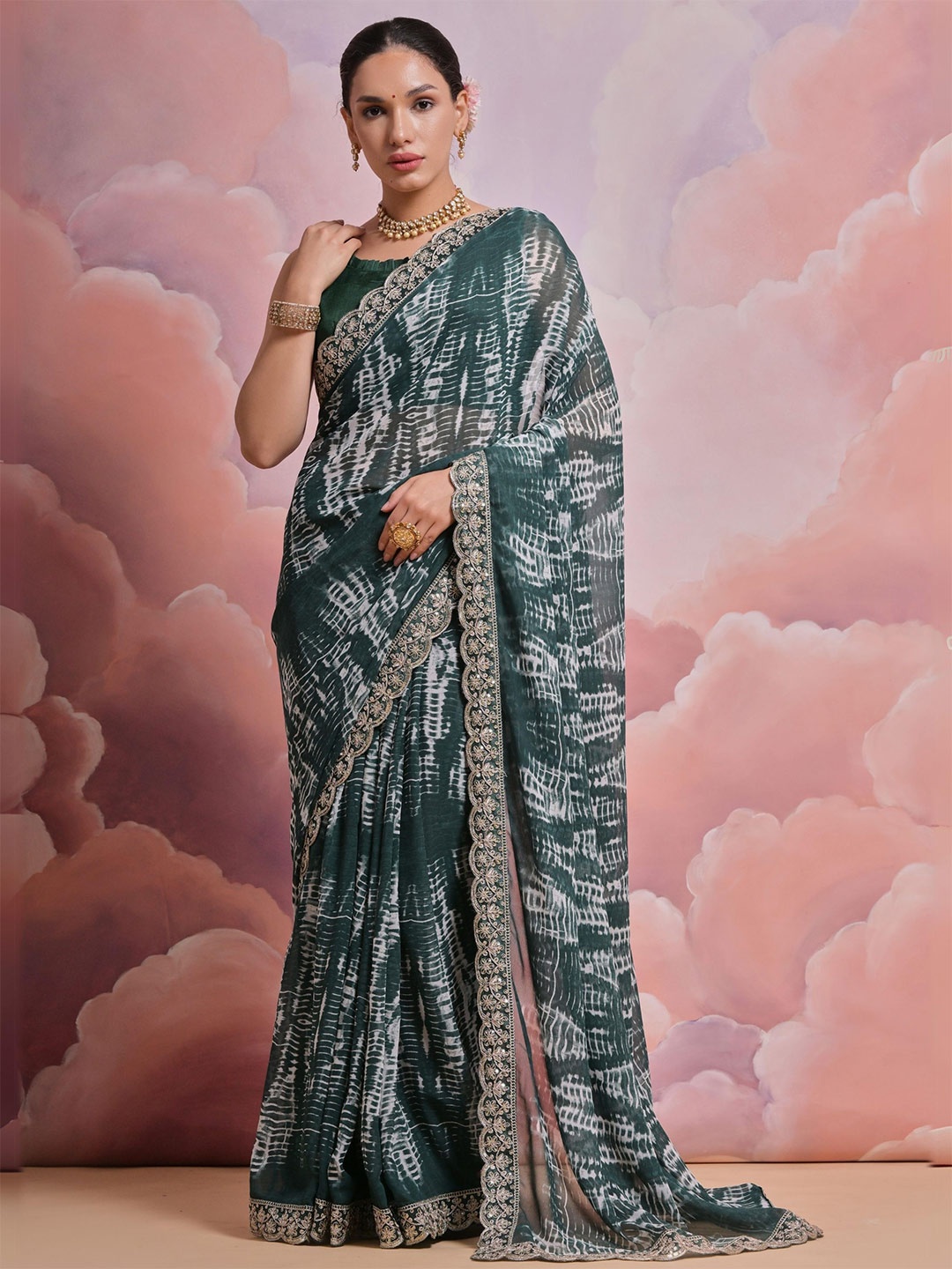 

KALINI Tie and Dye Embroidered Pure Georgette Saree, Green