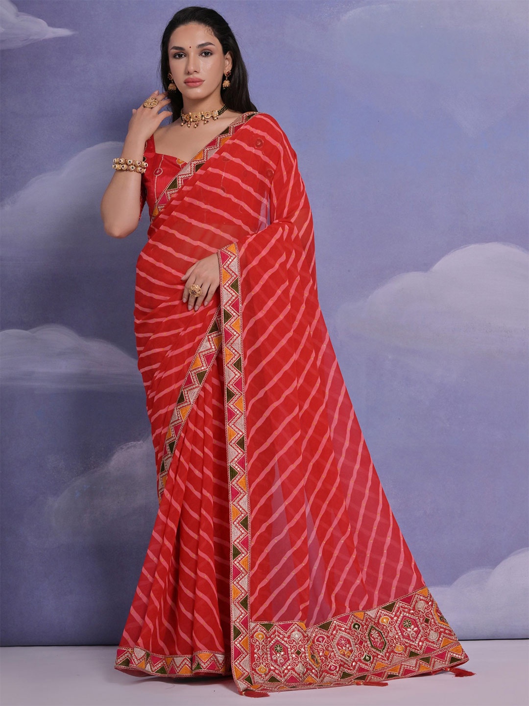 

KALINI Leheriya Embroidered Pure Georgette Saree, Orange