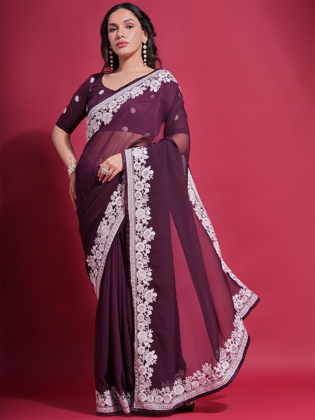 

KALINI Embroidered Pure Georgette Saree, Magenta